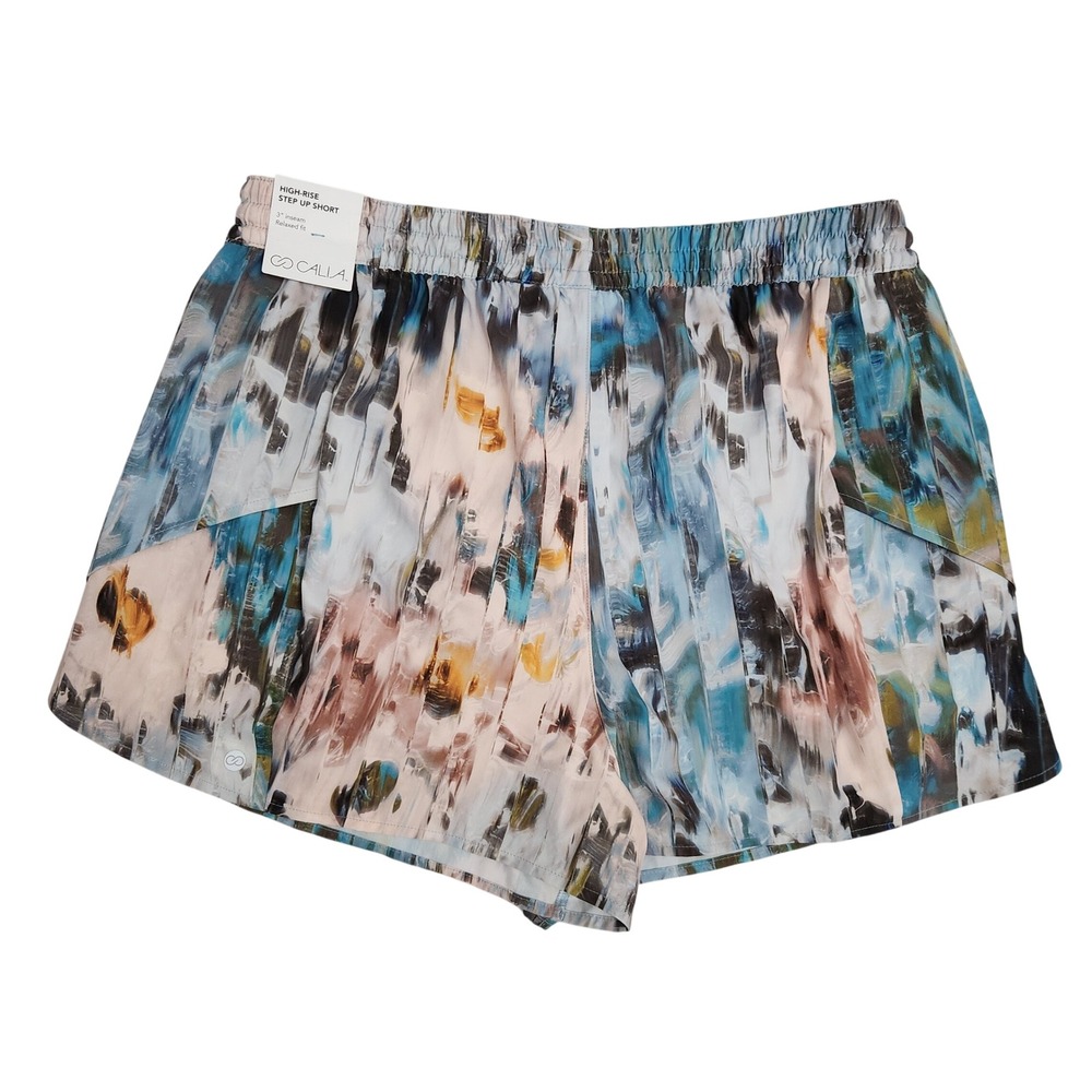 CALIA High-Rise Step‎ Up Short Blue Abstract Print Athletic Running Shorts 3in